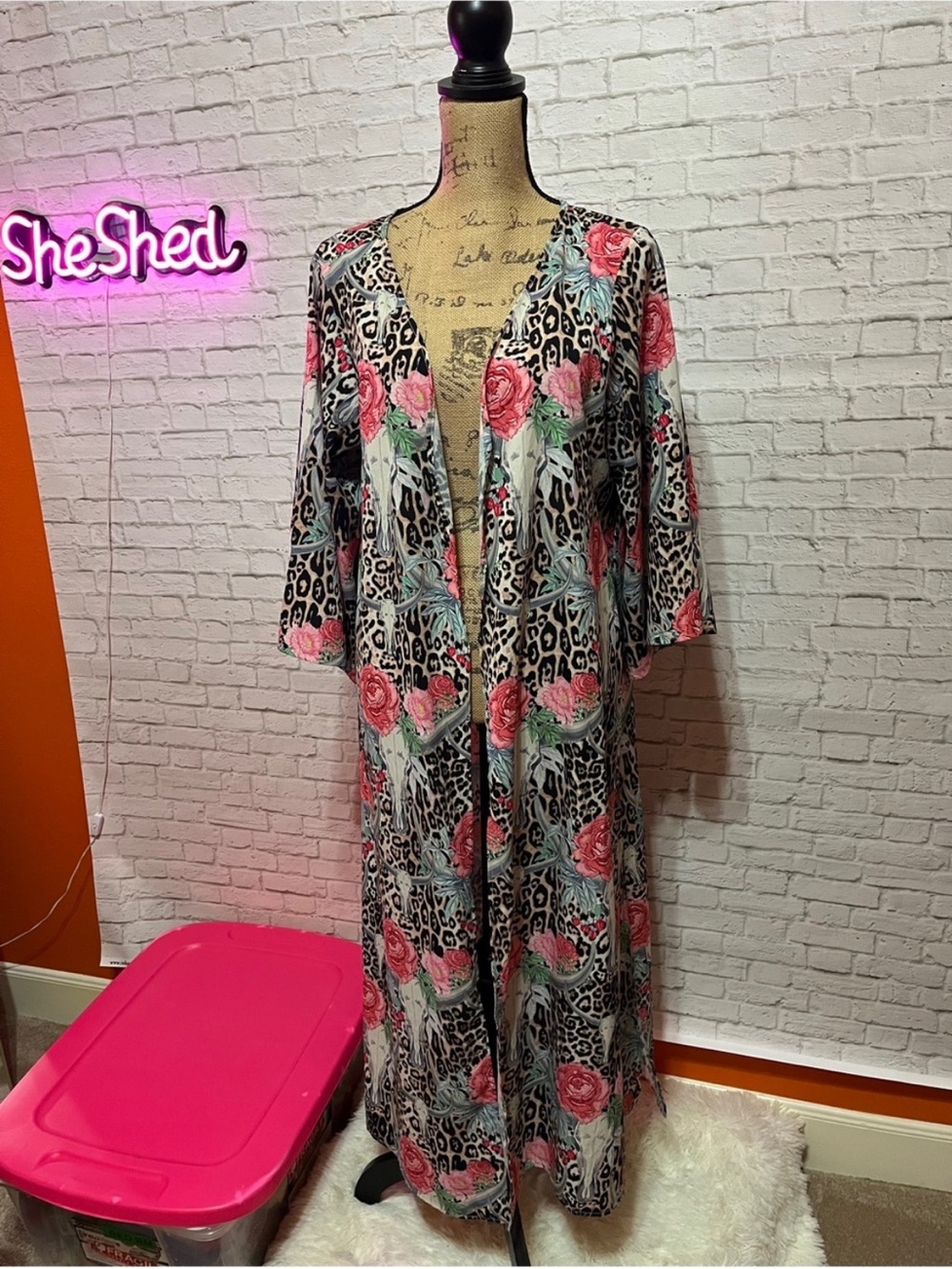 Floral & Leopard Duster Kimono - Pink Roses Size Large